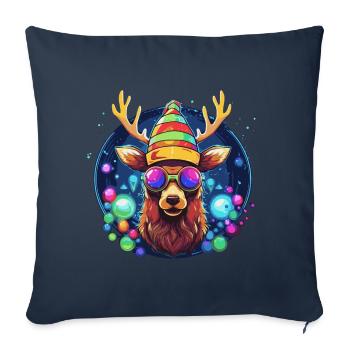 Renne avec boules de Noël et chapeau - Housse de coussin décorative 45 x 45 cm - bleu marine - Devant