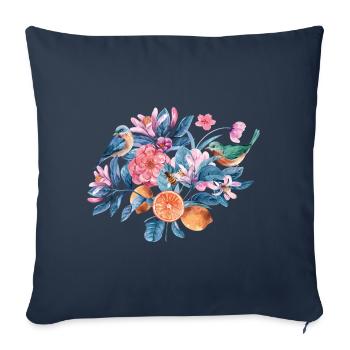 Oiseaux et fleurs colorées - Housse de coussin décorative 45 x 45 cm - bleu marine - Devant