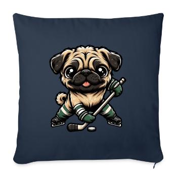 Carlin de hockey sur glace, chien en tenue de joueur - Housse de coussin décorative 45 x 45 cm - bleu marine - Devant
