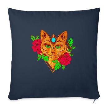 chat et fleurs - Housse de coussin décorative 45 x 45 cm - bleu marine - Devant
