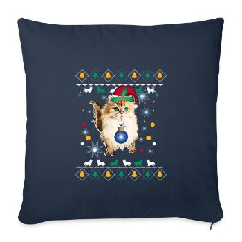 Chat noël père noël - Housse de coussin décorative 45 x 45 cm - bleu marine - Devant