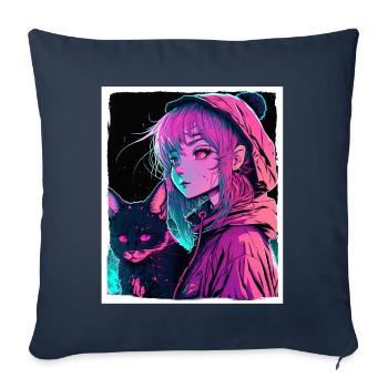 Anime Fille Chaton Chaton Manga Encre Fleur Neon - Housse de coussin décorative 45 x 45 cm - bleu marine - Devant