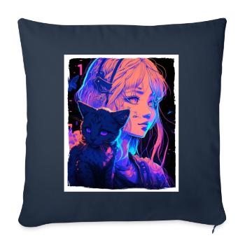 Anime Fille Chaton Chaton Manga Encre Fleur Neon - Housse de coussin décorative 45 x 45 cm - bleu marine - Devant