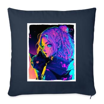 Anime Fille Chaton Chaton Manga Encre Fleur Neon - Housse de coussin décorative 45 x 45 cm - bleu marine - Devant