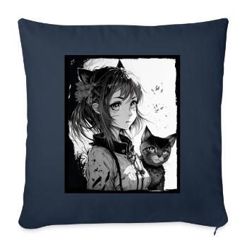 Anime Fille Chaton Chaton Manga Encre Fleur Neon - Housse de coussin décorative 45 x 45 cm - bleu marine - Devant
