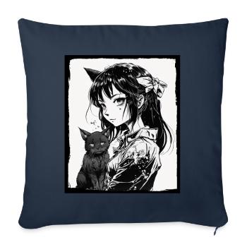 Anime Fille Chaton Chaton Manga Encre Fleur Neon - Housse de coussin décorative 45 x 45 cm - bleu marine - Devant