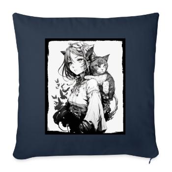 Anime Fille Chaton Chaton Manga Encre Fleur Neon - Housse de coussin décorative 45 x 45 cm - bleu marine - Devant