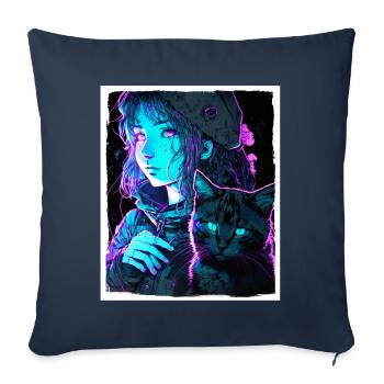 Anime Fille Chaton Chaton Manga Encre Fleur Neon - Housse de coussin décorative 45 x 45 cm - bleu marine - Devant