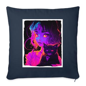 Anime Fille Chaton Chaton Manga Encre Fleur Neon - Housse de coussin décorative 45 x 45 cm - bleu marine - Devant