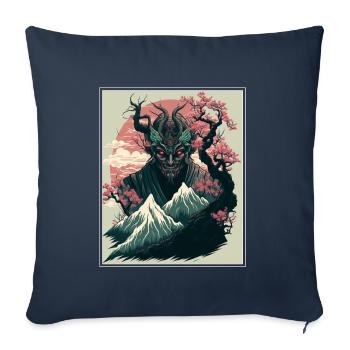 Japon Démon Japonais Cerisier Fleur Montagnes Rétro - Housse de coussin décorative 45 x 45 cm - bleu marine - Devant