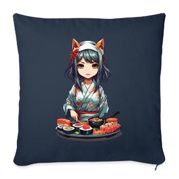 Anime Sushi Master Kawaii Fille Kemonomimi - Housse de coussin décorative 45 x 45 cm - bleu marine - Devant