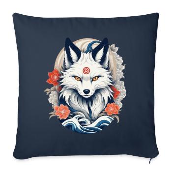 Fleurs de cerisier japonais Kitsune Fox blanc - Housse de coussin décorative 45 x 45 cm - bleu marine - Devant
