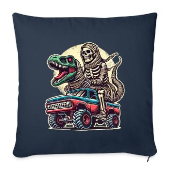Dino avec squelette de dinosaure sur monster truck - Housse de coussin décorative 45 x 45 cm - bleu marine - Devant