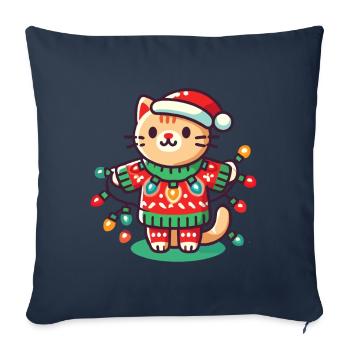 Chat de Noël avec des guirlandes lumineuses - Housse de coussin décorative 45 x 45 cm - bleu marine - Devant