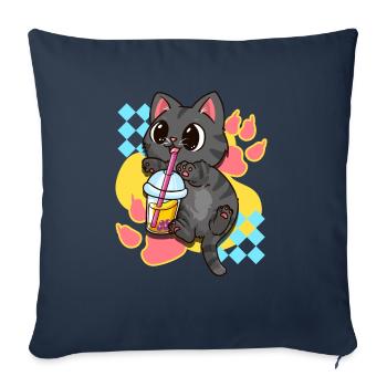 Mignon Chat Boba Thé Bubble Tea Japonais Anime Kawaii - Housse de coussin décorative 45 x 45 cm - bleu marine - Devant