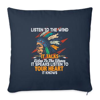 Citation amérindienne Écoutez le vent - Housse de coussin décorative 45 x 45 cm - bleu marine - Devant
