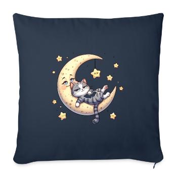 Lune et chat avec des étoiles - Housse de coussin décorative 45 x 45 cm - bleu marine - Devant