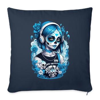 Sugar Skull Girl with Headphones and Blue Roses - Sofa pillowcase 17,3'' x 17,3'' (45 x 45 cm) - navy - Front