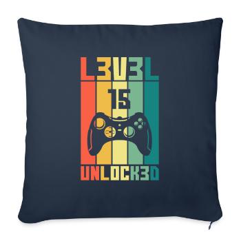 Niveau 15 Unlocked Joueur cadeau 15 anniversaire - Housse de coussin décorative 45 x 45 cm - bleu marine - Devant