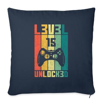 Niveau 15 Unlocked Joueur cadeau 15 anniversaire - Housse de coussin décorative 45 x 45 cm - bleu marine - Devant
