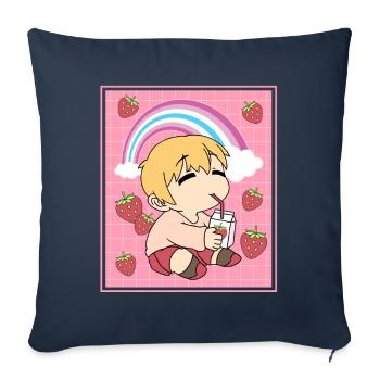 Femboy Chibi Anime Garçon buvant du lait de fraise - Housse de coussin décorative 45 x 45 cm - bleu marine - Devant