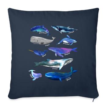 Dessins de baleines - diverses espèces de baleines - Housse de coussin décorative 45 x 45 cm - bleu marine - Devant