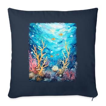 Récif de corail, mer, océan, nuit étoilée, peinture - Housse de coussin décorative 45 x 45 cm - bleu marine - Devant