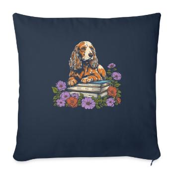 Cocker Spaniel Flower Book Reader - Housse de coussin décorative 45 x 45 cm - bleu marine - Devant