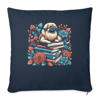 Lecteur de livre de fleurs pékinois Floral Cottagecore - Housse de coussin décorative 45 x 45 cm - bleu marine - Devant