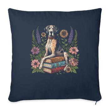 Dogue allemand Flower Book Reader Floralcottagecore - Housse de coussin décorative 45 x 45 cm - bleu marine - Devant