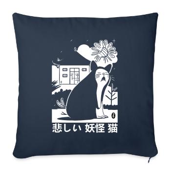 Le triste chat japonais Yokai - Housse de coussin décorative 45 x 45 cm - bleu marine - Devant