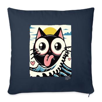 Vagues japonaises aimant chat noir - Housse de coussin décorative 45 x 45 cm - bleu marine - Devant