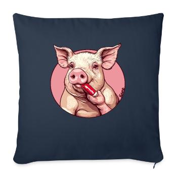 Pig puts on make-up – lipstick and glamour - Sofa pillowcase 17,3'' x 17,3'' (45 x 45 cm) - navy - Front