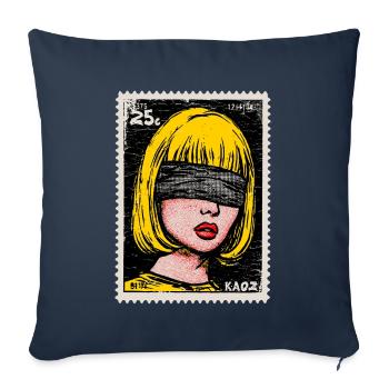 Femme avec bandeau sur les yeux en timbre pop art - Housse de coussin décorative 45 x 45 cm - bleu marine - Devant