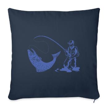 Silhouette de pêcheur avec canne à pêche et truite - Housse de coussin décorative 45 x 45 cm - bleu marine - Devant