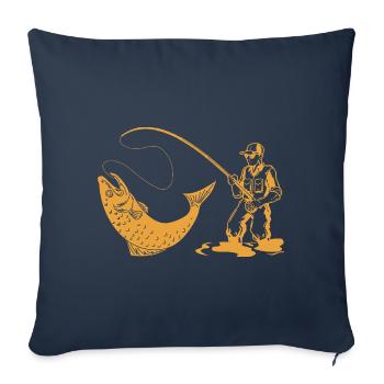Silhouette de pêcheur avec canne à pêche et truite - Housse de coussin décorative 45 x 45 cm - bleu marine - Devant