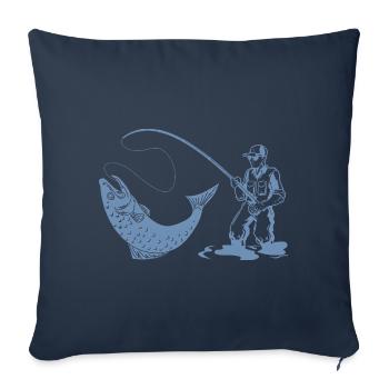 Silhouette de pêcheur avec canne à pêche et truite - Housse de coussin décorative 45 x 45 cm - bleu marine - Devant