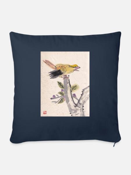 Chinesische Malerei gelber Vogel - Sofakissenbezug 45 x 45 cm - Navy