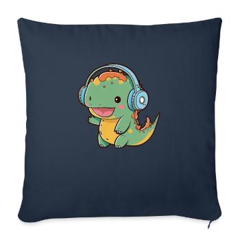 Kawaii Cute Happy Colorful Dino avec des écouteurs - Housse de coussin décorative 45 x 45 cm - bleu marine - Devant