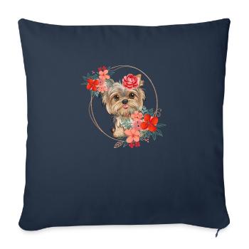 Design printanier - Yorkshire Terrier dans une couronne de fleurs - Housse de coussin décorative 45 x 45 cm - bleu marine - Devant