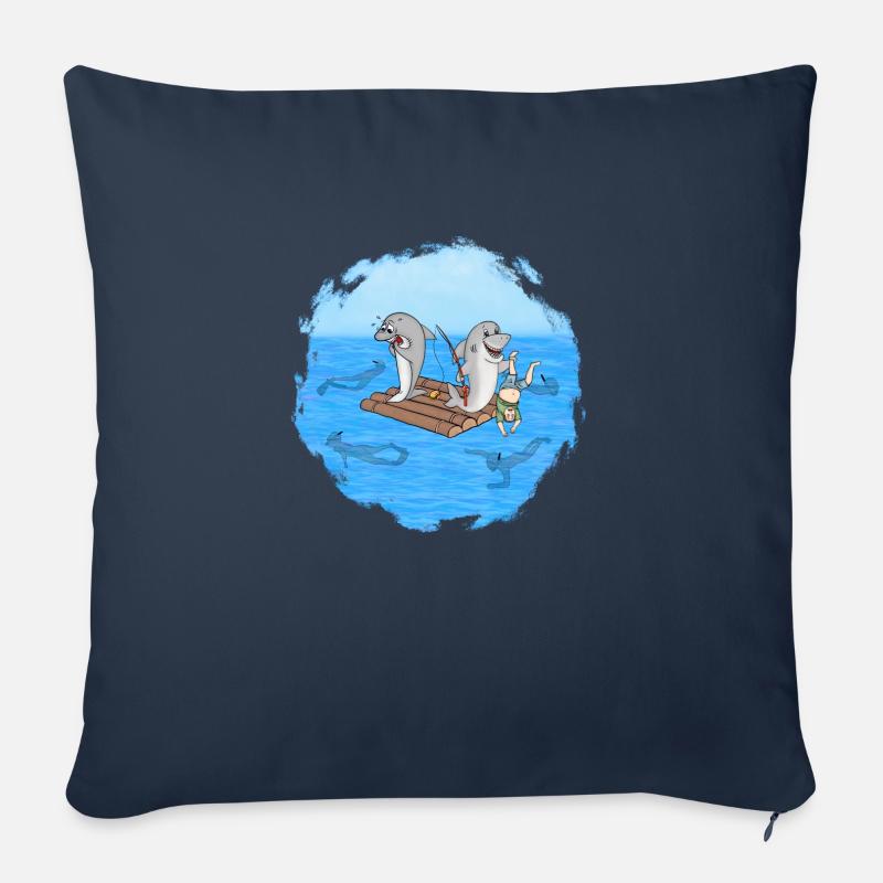 Requins sur radeau - Housse de coussin décorative 45 x 45 cm - bleu marine