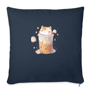 Cat Boba Bubble Tea Anime Kawaii Japonais - Housse de coussin décorative 45 x 45 cm - bleu marine - Devant