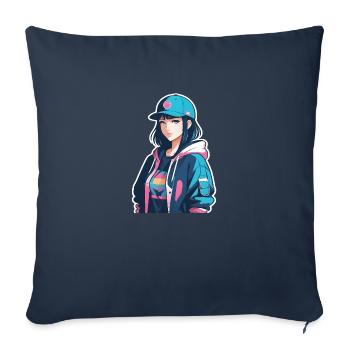 Fille d’anime japonaise - Housse de coussin décorative 45 x 45 cm - bleu marine - Devant