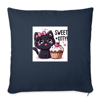 Sweet Kitty Noir avec boucle rose et cupcake - Housse de coussin décorative 45 x 45 cm - bleu marine - Devant