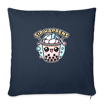 Thé à bulles Kawaii Chibi – Sip Happens Fun Food Pun - Housse de coussin décorative 45 x 45 cm - bleu marine - Devant