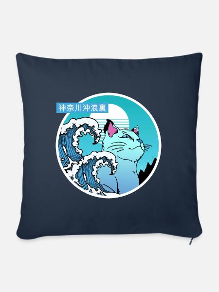 Katze und große Welle - Sofakissenbezug 45 x 45 cm - Navy