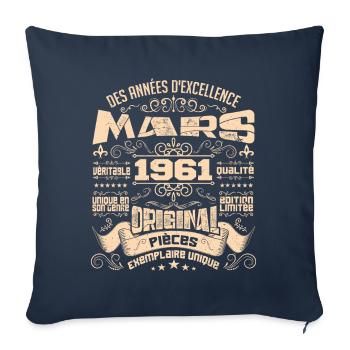 Anniversaire Vintage Né(e) en Mars 1961 - Housse de coussin décorative 45 x 45 cm - bleu marine - Devant