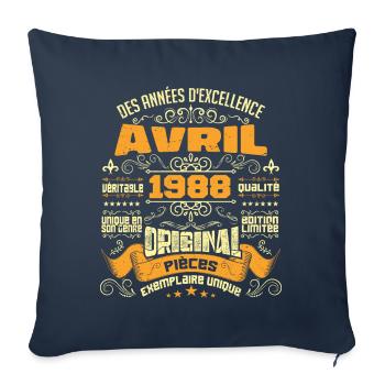 Anniversaire Vintage Né(e) en avril 1988 - Housse de coussin décorative 45 x 45 cm - bleu marine - Devant