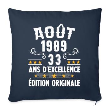 33 Ans Anniversaire Vintage Né(e) en Août 1989 - Housse de coussin décorative 45 x 45 cm - bleu marine - Devant