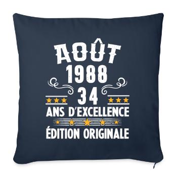 34 Ans Anniversaire Vintage Né(e) en Août 1988 - Housse de coussin décorative 45 x 45 cm - bleu marine - Devant